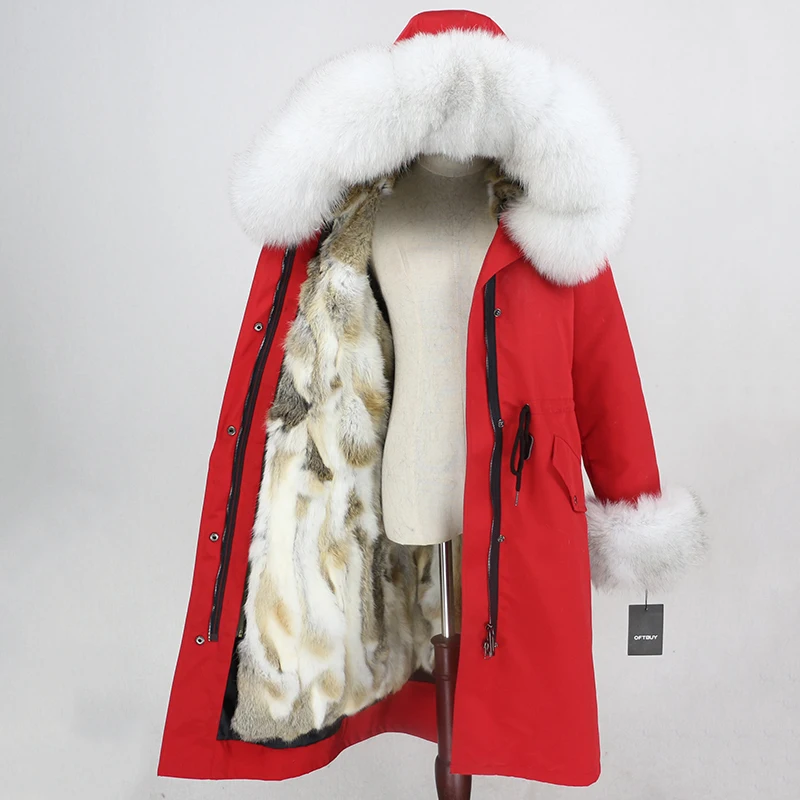 OFTBUY X-long Parka водонепроницаемое пальто натуральный мех зимняя куртка женская натуральный Лисий мех воротник капюшон манжеты подкладка из натурального кроличьего меха Повседневная - Цвет: red white
