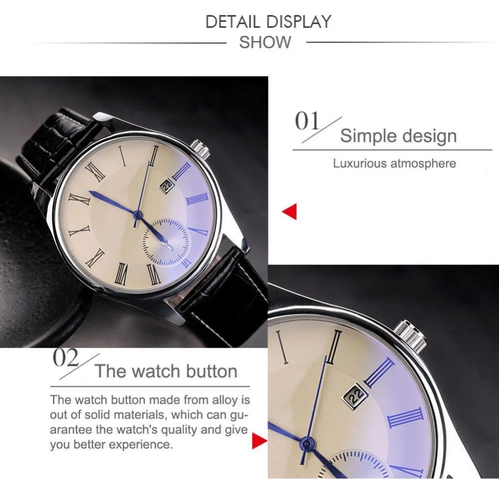 Classic Watch Fashion Hodinky Men's Luxury Quartz Watches Faux Leather Blue  Ray Glass Analog Brand Relogio Feminino High Quality
