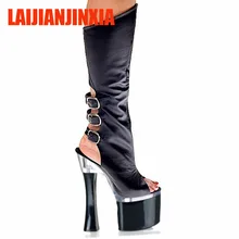 LAIJIANJINXIA/вечерние туфли на квадратном каблуке на молнии; женские ботинки; Танцевальная обувь с ремешком сзади; высокие сапоги на каблуке 20 см; B-001