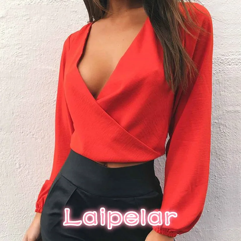 

Laipelar Summer Women Sexy Chiffon Deep-V Neck Backless Bow Short Blouse Full Sleeve Club Party Shirts