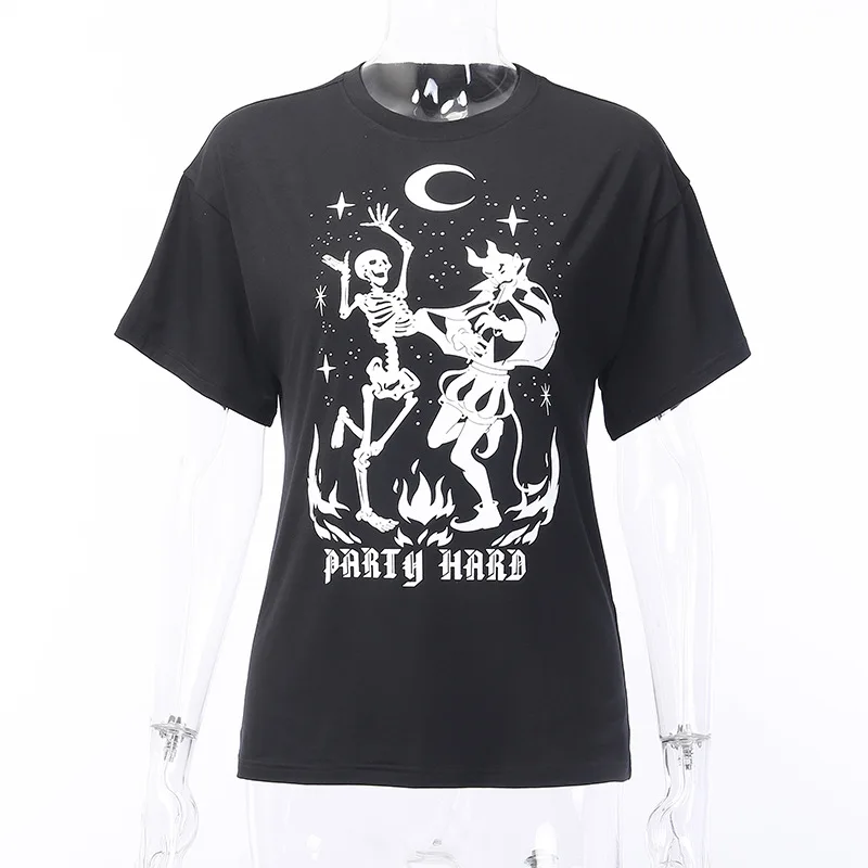 Летние темно-черные футболки с рисунком дьявола и надписями, Готическая хлопковая Футболка в стиле панк для женщин и девочек, свободные футболки с коротким рукавом, топы, футболки