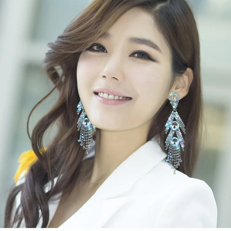 CHRAN Gold Silver Color Sparkling Rhinestone Long Tassel Earrings for Women Exaggerated Crystal Dangle Drop Earrings Jewelry