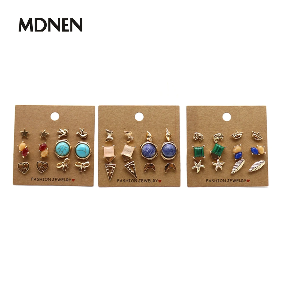 Stud Earrings Set 6 in 1 Gold Butterfly Heart Star Moon Crown Calaite Pink Stone Colorful Jewelry For Women | Украшения и