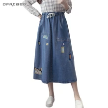 Элегантный Для женщин джинсовая юбка с вышивкой эластичный пояс Saias Миди-юбки Узелок джинсы Jupe Femme Винтаж дамы Faldas