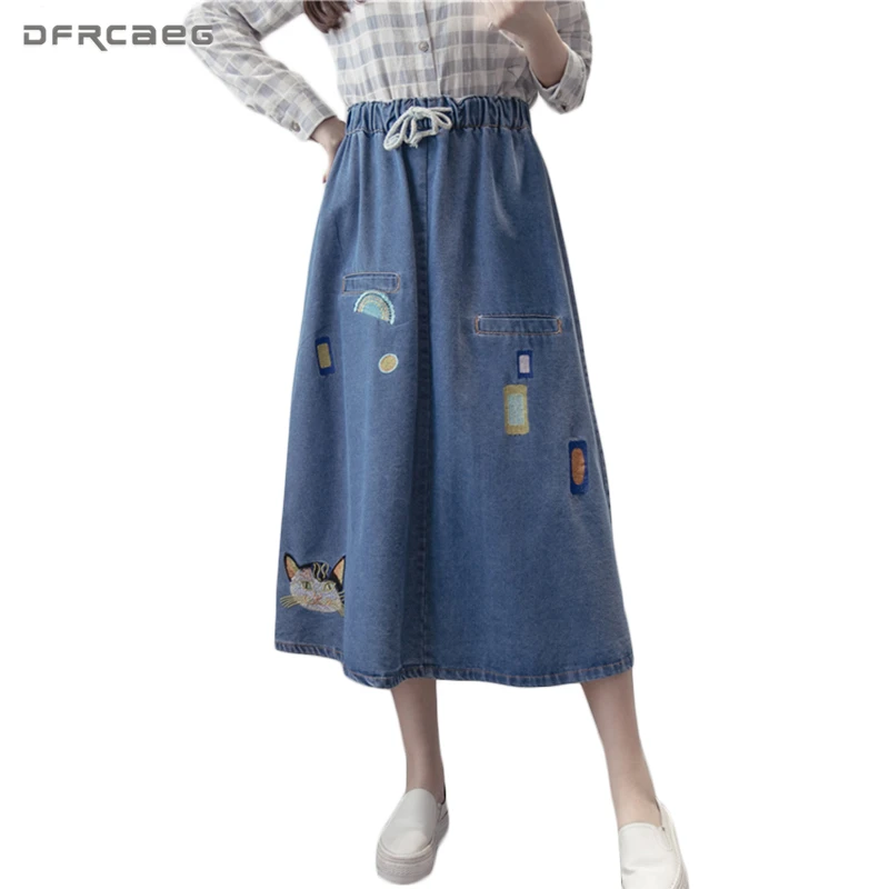 2018 элегантный Для женщин джинсовая юбка с вышивкой эластичный пояс Saias Миди-юбки Узелок джинсы Jupe Femme Винтаж дамы Faldas