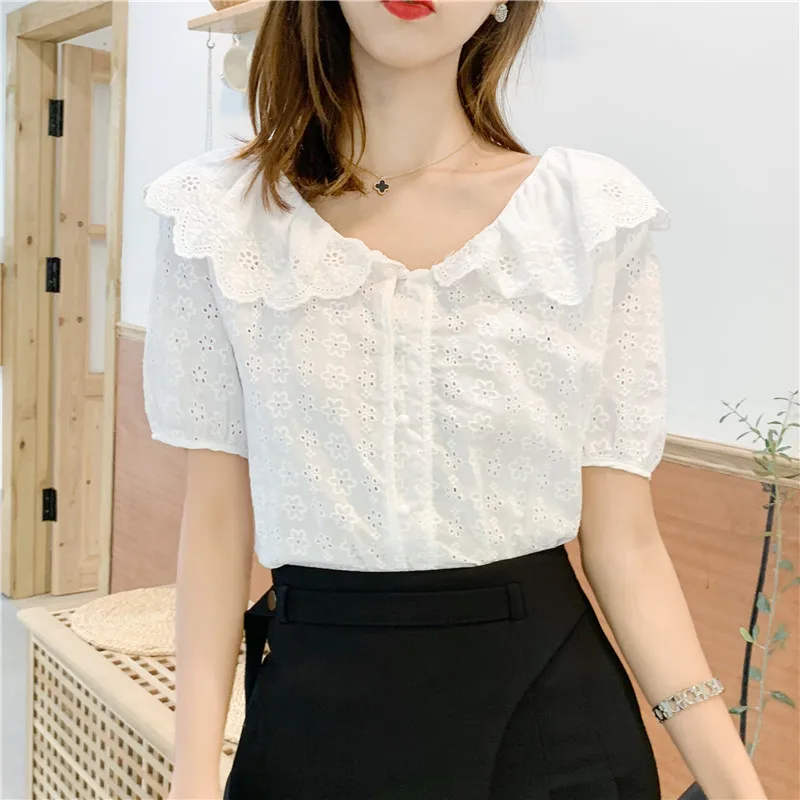 

Summer 2019 New Short Sleeve Cotton Shirt Fashion Women Tops White Cotton Lace Office Female Blouse Shirt Women's Clothing 931G7