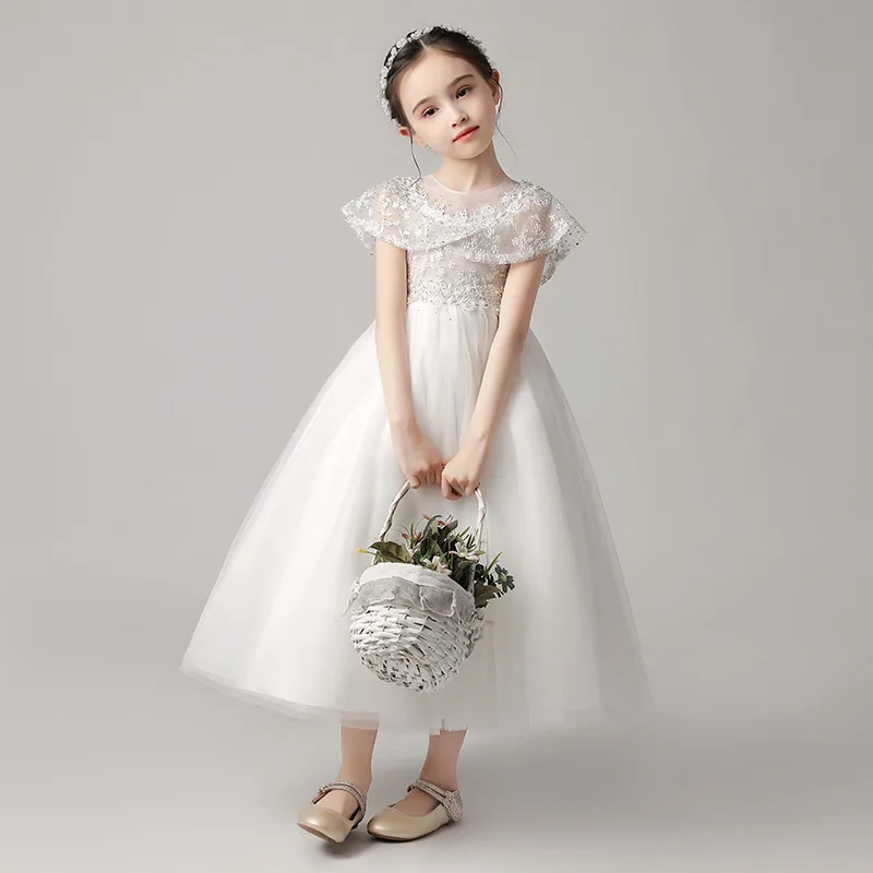 

18 Styles Kids Girls Formal Dress Embroidery Tulle Flower Girl Dresses for Wedding Evening Gowns Pearls Cape Princess Dress B491