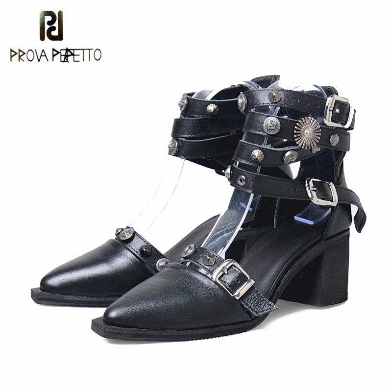 

Prova Perfetto 2017 Summer Shallow Rivet High Heels Single Shoes Pointed Toe Belt Buckle Shoes Office Med Heels Black Shoes