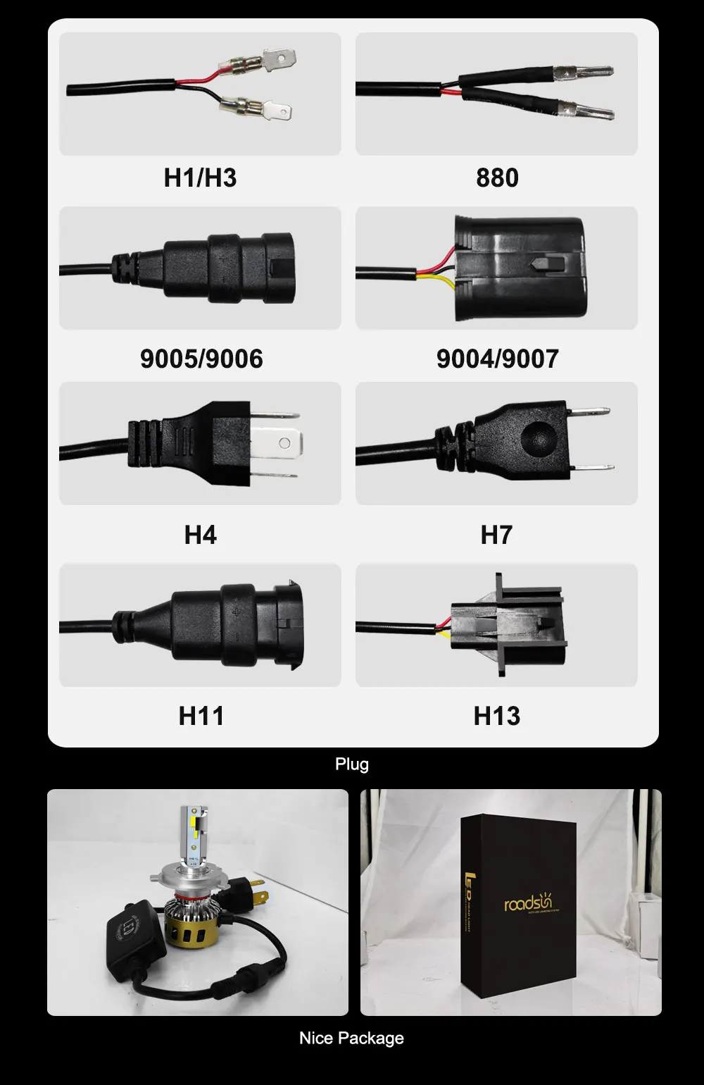 Roadsun лампа для автомобильных фар Светодиодный H7 H4 H11 H1 9005 9006 HB3 светодиодный фонарь 72 Вт 4300 К 3000 К 6000 К автомобильные аксессуары точечная лампа CSP