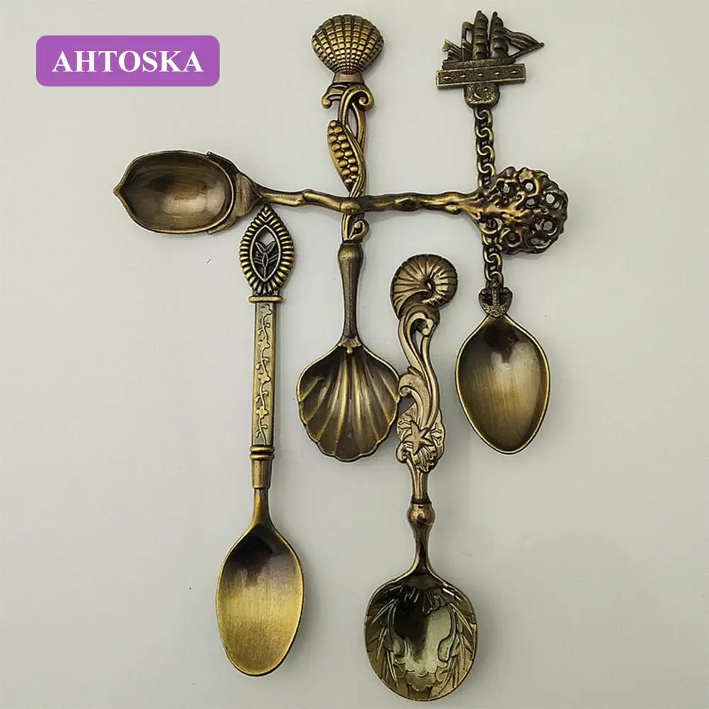AHTOSKA 5 Шт./лот Модная Ложка Королевский Стиль Бронзовый Резный Малый Для Кофе