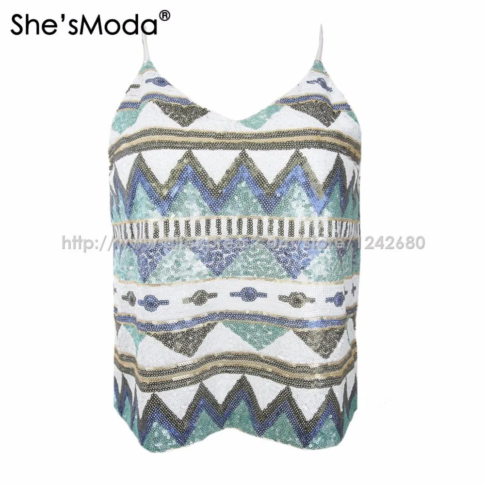She'sModa геометрические блестки Boho Лето весна женские спандекс Клубные вечерние майки-ками жилет