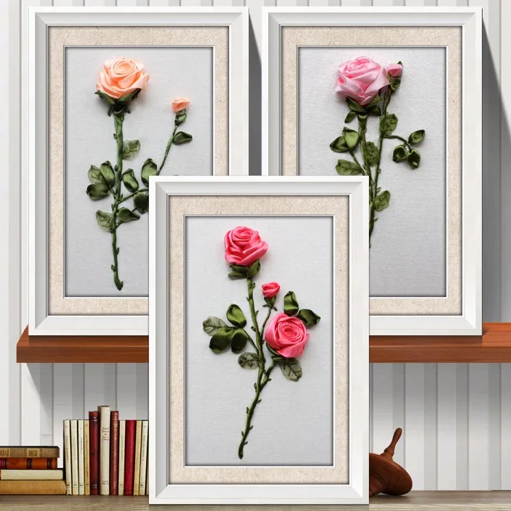 

3 colors rose silk ribbon embroidery 3D canvas painting satin cross stitch kit needlework handcraft gift DIY home wall stickers