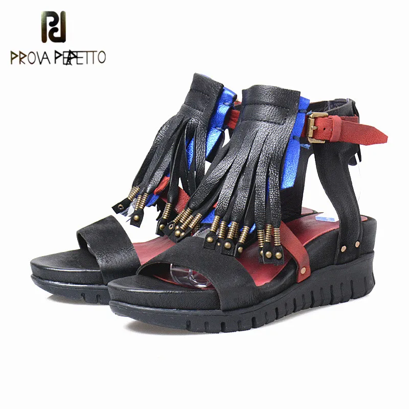 

Prova Perfetto 2018 Gladiator Style Fringe Ankle Strap Woman Wedge Sandals Sheep Genuine Leather Peep Toe Mixed Color Shoes