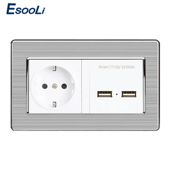 

Esooli EU Standard Wall Power Socket With Dual USB Smart Induction Charge Port For Mobile 5V 2.1A Stainless Steel Panel