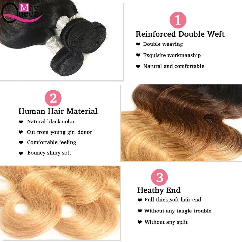 May Queen Hair Ombre Brazilian Body Wave 3&4Pieces T1B/4/27 Three Tone Color Remy Hair Extensions 100% Human Hair Weave Bundles May Queen Hair Ombre Brazilian Body Wave 3&4Pieces T1B/4/27 Three Tone Color Remy Hair Extensions 100% Human Hair Weave Bundles
