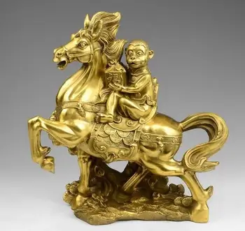 

37cm China Brass Copper Palace Feng shui Immediately Seal Monkey Ride Horse Statue