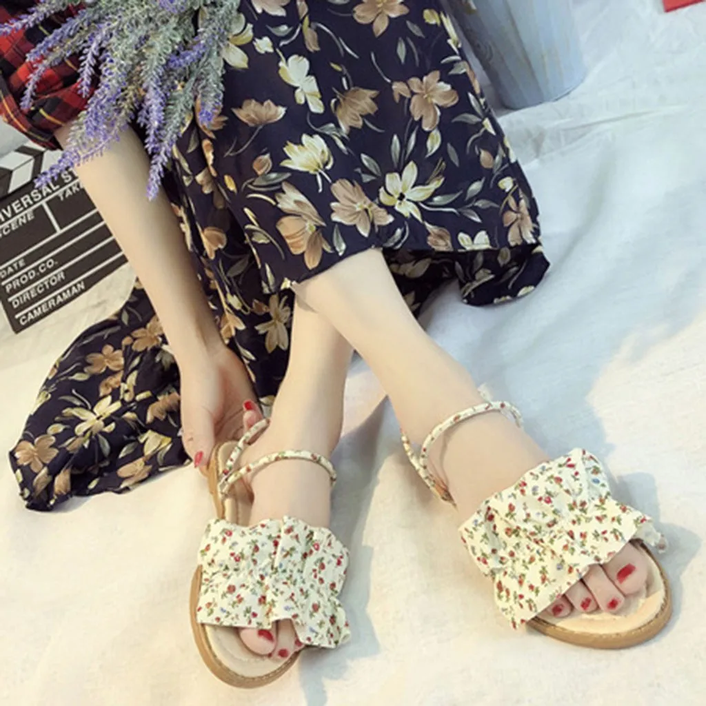 

MUQGEW Women Sandals Casual Slipper Slip On Sandals Floral Printing Summer Girl Open Toe Sweet Flat Beach Shoes For Women Lady