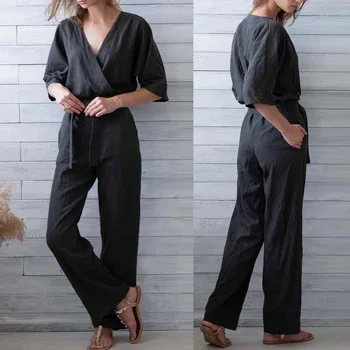 

Linen Overalls Women's Jumpsuits ZANZEA 2020 Half Sleeve Rompers Vintage V Neck Playsuits Belted Casual Pants Combinaison Femme