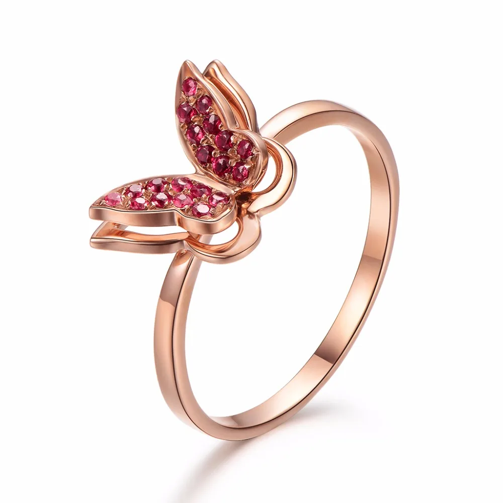 Robira ruby Обручальные кольца для Для женщин 14 К розовое золото свадебные Кольца женский бабочки натуральный рубин ювелирные изделия Одежда