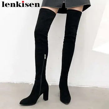 

Lenkisen 2018 slender pointed toe high heels high street fashion zipper plus size sexy girls pop stretch thigh high boots L6f1
