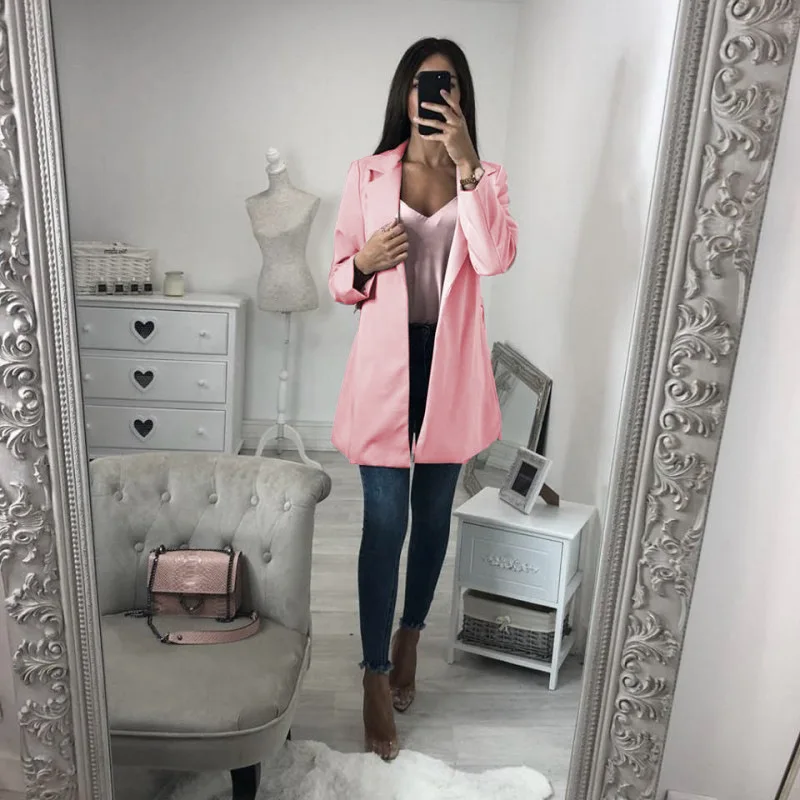

ALFOU New 2019 Casual Women Solid Color Collar Blazer Jacket Khaki Simple OL Lapel Small Suit Pink Long-sleeved Jacket With Belt