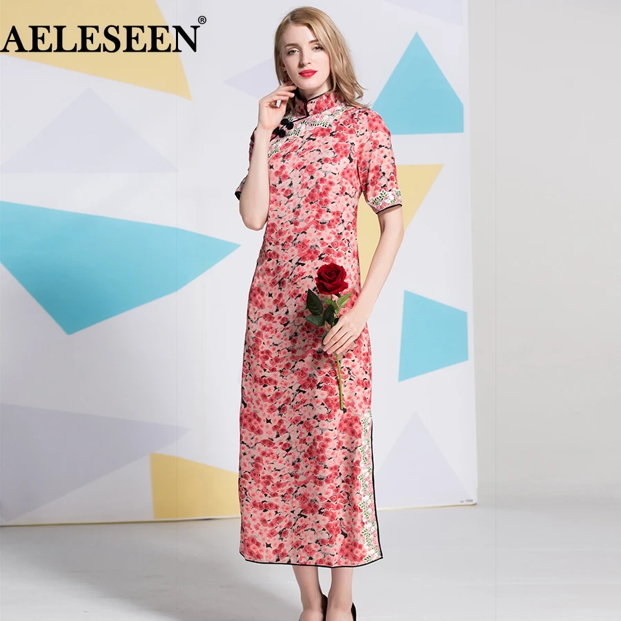 

AELESEEN Chinese Style Vintage Women Dresses 2018 Short Sleeve Rose Print embroidery Split Long New Cheongsam Dress Summer