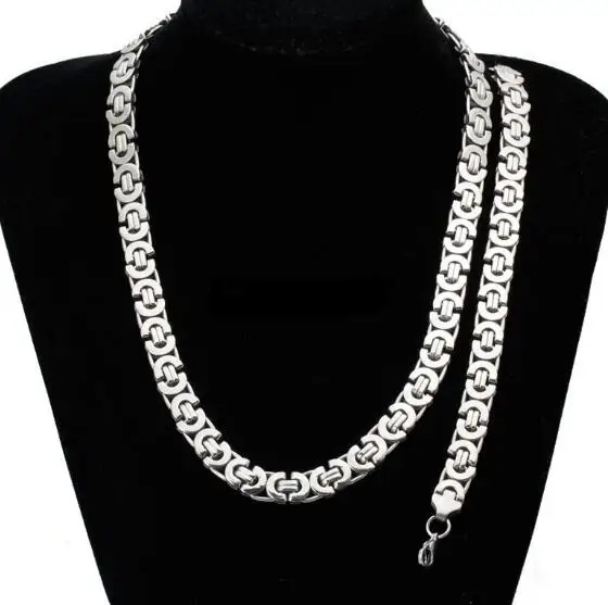 

one Set Silver Tone Flat Byzantine Chain Bracelet & Necklace Set Stainless Steel Men's Jewlery Gifts 8mm Wide