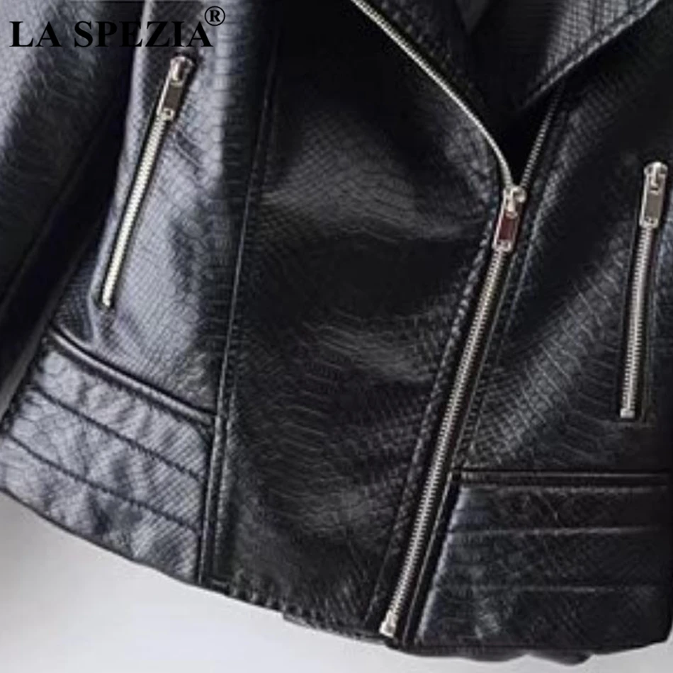 LA SPEZIA Leather Jacket Women Black Biker Jackets Female Zipper Pockets Motorcycle Punk Ladies Autumn Winter Classic Short Coat