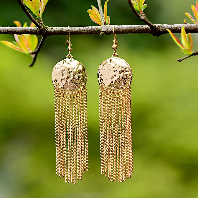 

TopHanqi Gold Metal Long Tassel Drop Earring Boho Indian Jewelry Ethnic Vintage Round Shape Statement Dangle Earrings For Women