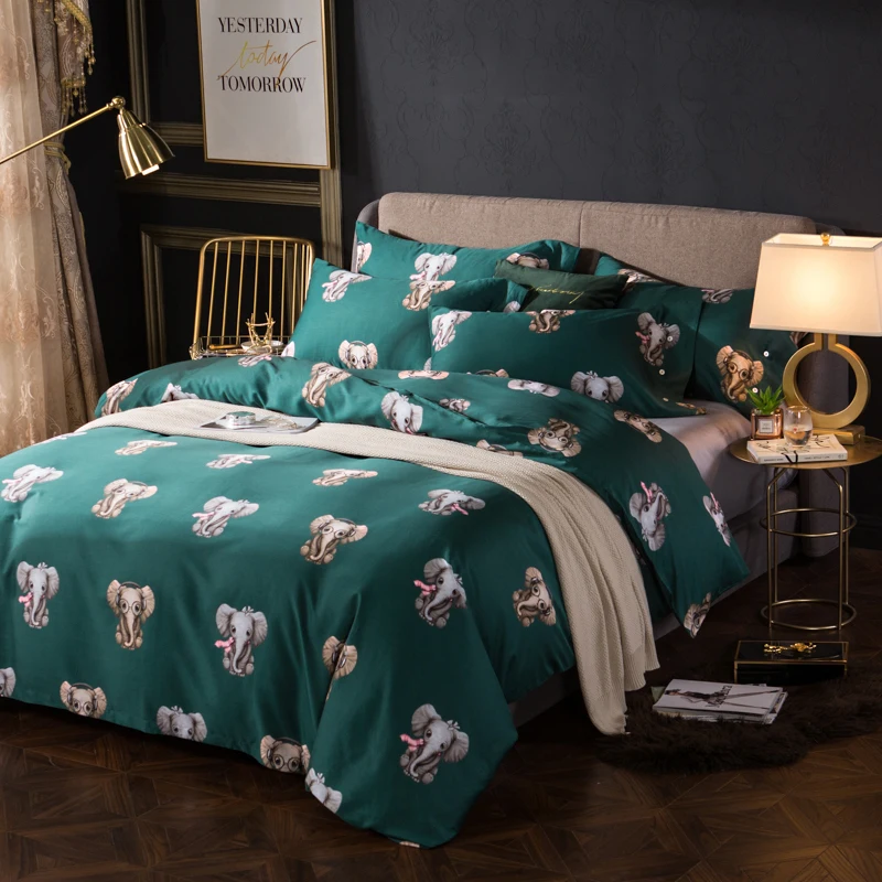 

Egyptian cotton fabric Cute elephants print bedding set Queen King Size duvet cover flatsheet pillowcase