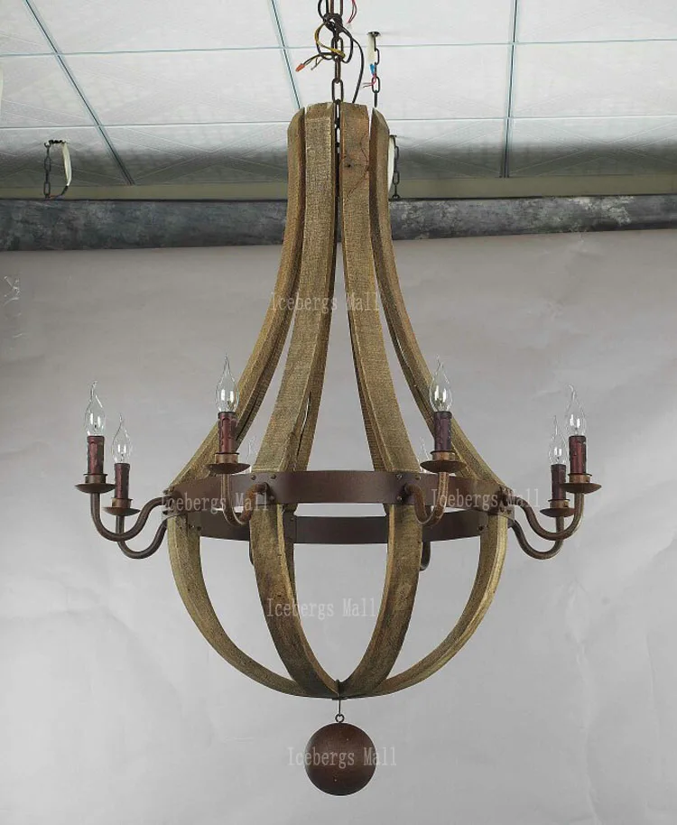 Европейская короткая винтажная деревянная Подвесная лампа для бара, ресторана, деревянное ведро, Подвесная лампа, деревенская промышленная дубовая люстра с шестью ручками