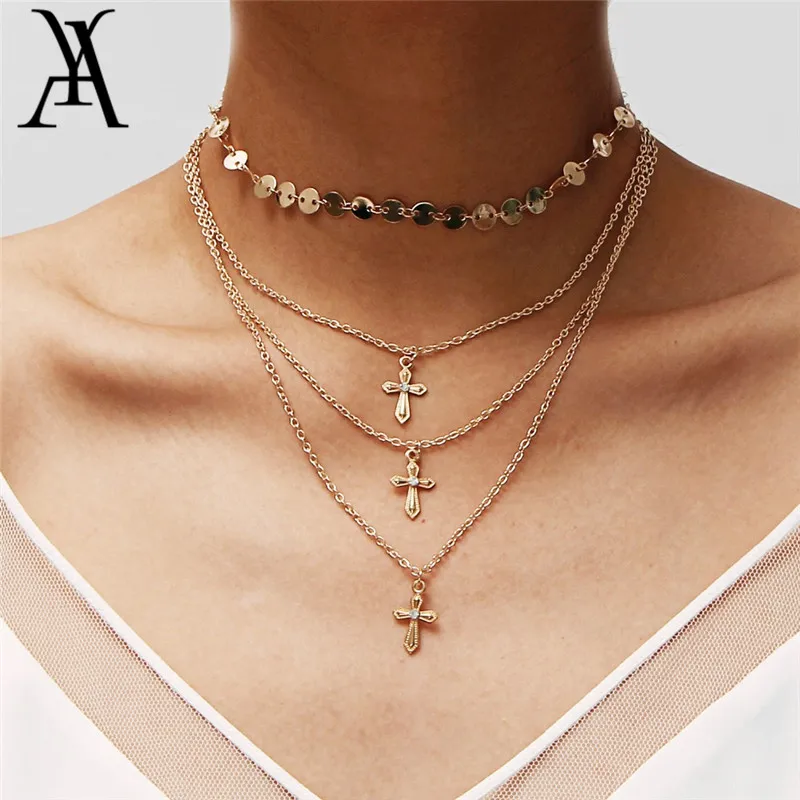 Multi Chain Layered Catholic Cross Christian Pendant Necklace Fashion Gold Color Sequins Choker
