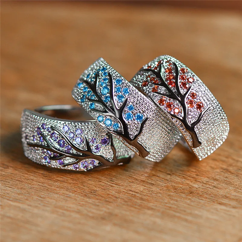 

Cute Female Blue Purple Green Ring Silver Color Leaf Plant Ring Vintage Wedding Bands Promise Love Engagement Rings For Women