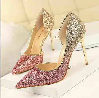 

Europe and the United States pointed high heels women's shoes were thin gradient sequins sexy side hollow single shoes