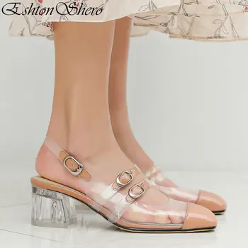 

EshtonShero Women Sandals 2019 Square High Heels Summer Casual Shoes Buckle Strap Roman Gladiator Sandals Women Apricot Size 3-8
