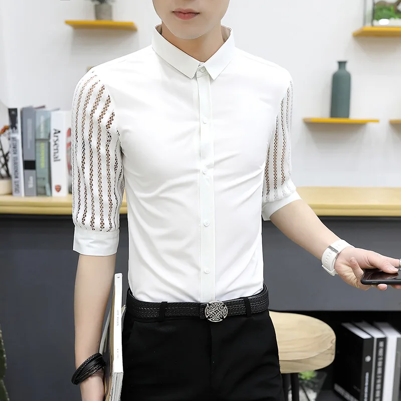 

New Fashion Summer Men Shirt Dress Slim Fit Sexy Lace Patchwork Half Sleeve Mens Casual Shirts