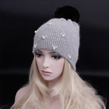 Зимняя шерстяная вязаная шапка высокого качества с помпонами из кроличьей шерсти, дамские шапочки из толстого кашемира с черепом, женские теплые зимние шапки