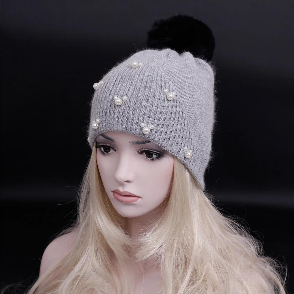 2016 Winter High quality wool knitted hat with Rabbit hair pompoms thick cashmere Skull lady Beanies