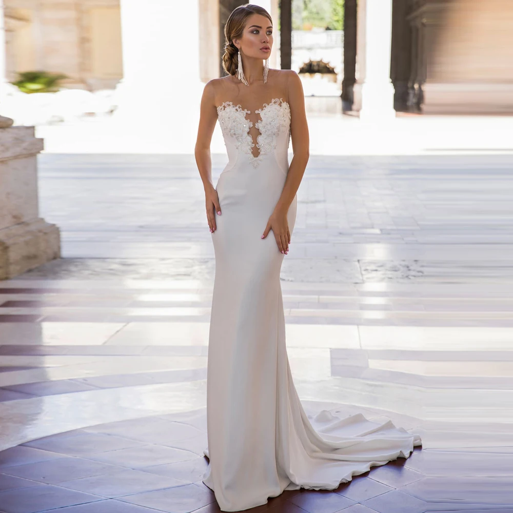 

Simple Sheer Neck Mermaid Wedding Dresses with Appliques Sexy Backless Boho Bride Dress Vestido de Novia 2019 Bride Dress