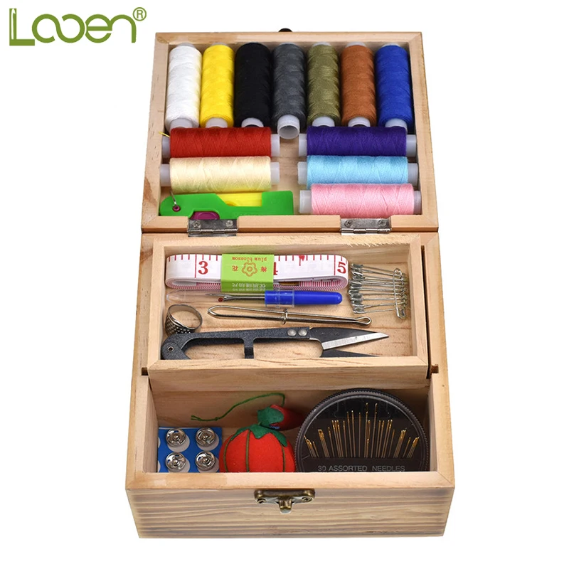

Looen Multifunction Wood Box Sewing Kit Threads Needle Tape Measure Scissor Buttons Sewing Tools Accessories For Women Mom Gift