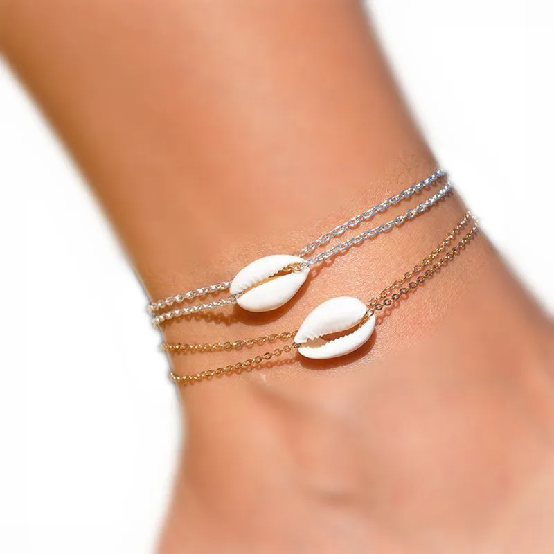 

12pcs/lot Anklet Shell Anklet Gold silver toneNatural Cowrie Shell Anklets for Women with Double Chain Shell Jewelry Boho