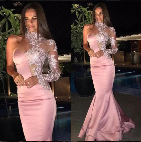 

Cheap Fast Shipping 2019 One Shoulder Long Prom Dress Pink Mermaid Evening Ball Party Formal Pageant Gown