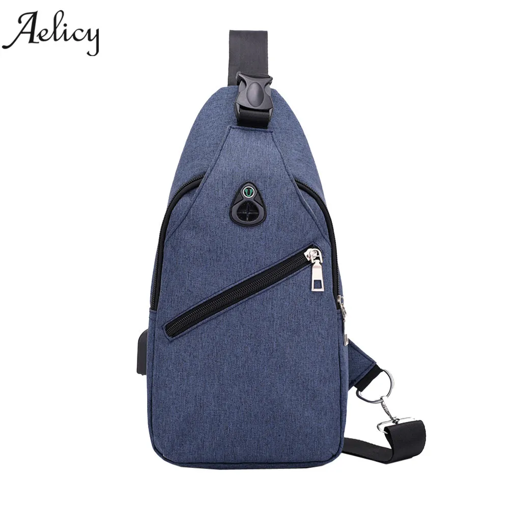 Aelicy @ Мужская модная нагрудная сумка чистый цвет USB Холщовая Сумка через плечо