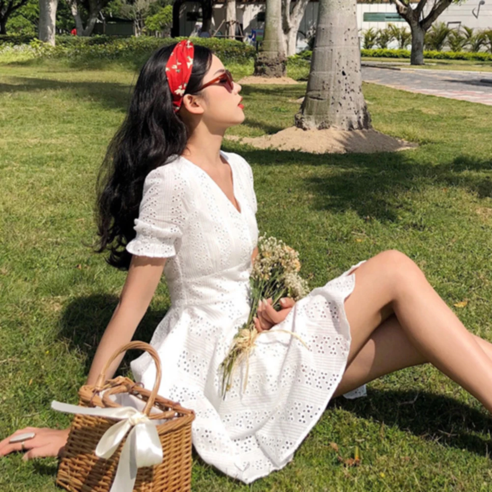 

High Waist Sexy Women Dress French With Row Of Buttons Solid Casual V Neck Playful Fashion Embroidery Short Sleeve Summer