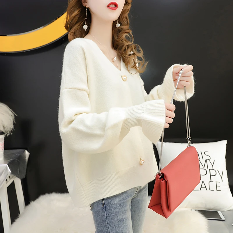 buy  Korean loose knitted sweater 2019 autumn solid color Bell sleeve short coat single breasted jacket 