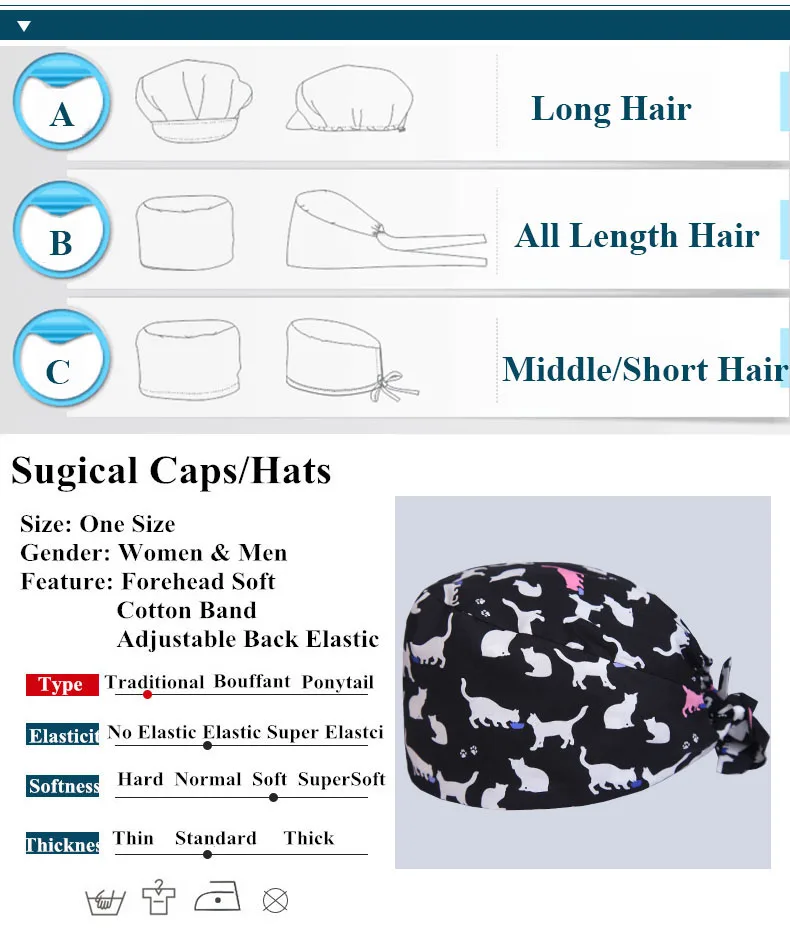 Cat Veterinary Surgical Scrub Cap for Women and Men Hospital Medical Hats Doctor Nurse Dentist Work Hat One Size Sweatband Hats