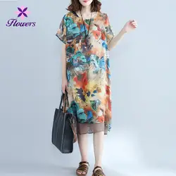 Новое летнее платье для женщин; Большие размеры корейская мода Костюмы Свободный пуловер Повседневное шифон цветочные ретро Длинные