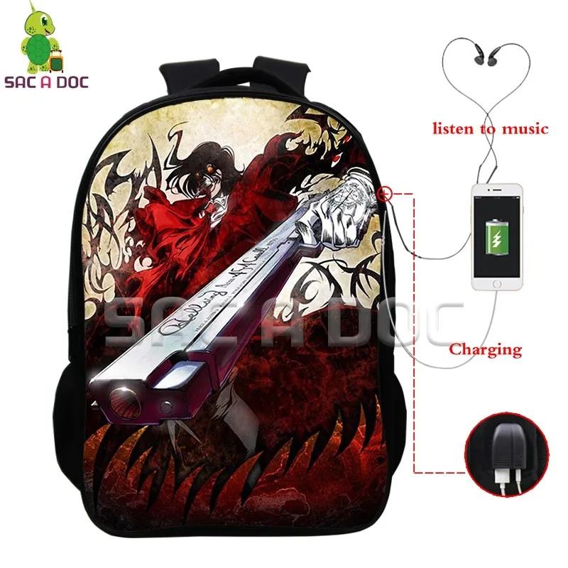 

Anime Hellsing Multifunction Backpack Alucard School Bags for Teens Men Women USB Charging Headphone Jack Laptop Backpack