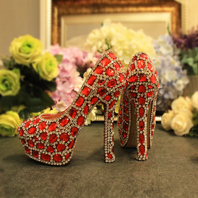 Red Silver Platform Pumps Wedding Shoes Woman High Heels Bridal Ladies Shoes Crystal Party Rhinestone Round Toe Slip On Shoes Red Silver Platform Pumps Wedding Shoes Woman High Heels Bridal Ladies Shoes Crystal Party Rhinestone Round Toe Slip On Shoes