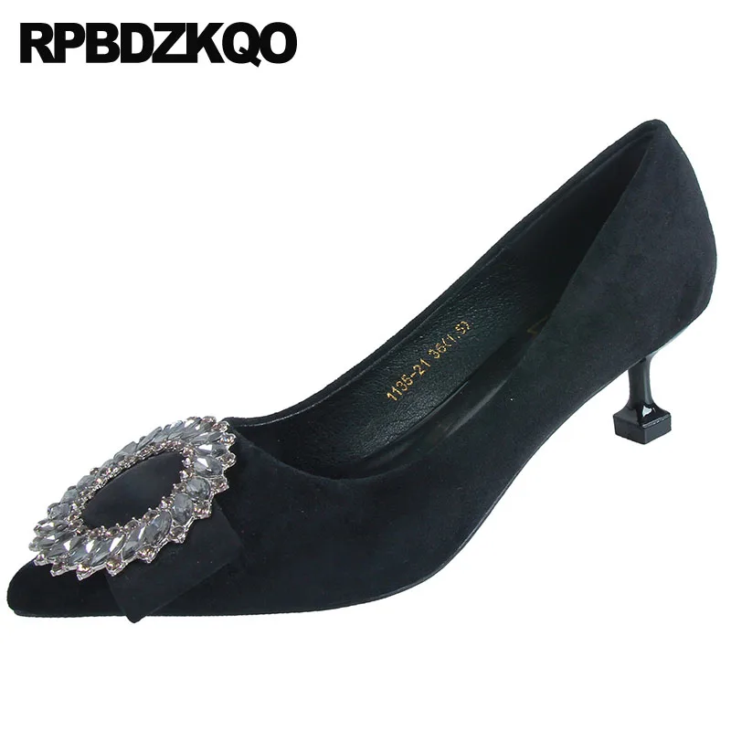 

Evening Black Women Ladies High Heels Kitten Pink Crystal Shoes Jewel Pumps Rhinestone Suede Medium Scarpin Pointed Toe Diamond